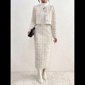 Elegant Plaid Pattern Skirt Set, Single Breasted Long Sleeve Jacket & High Waist